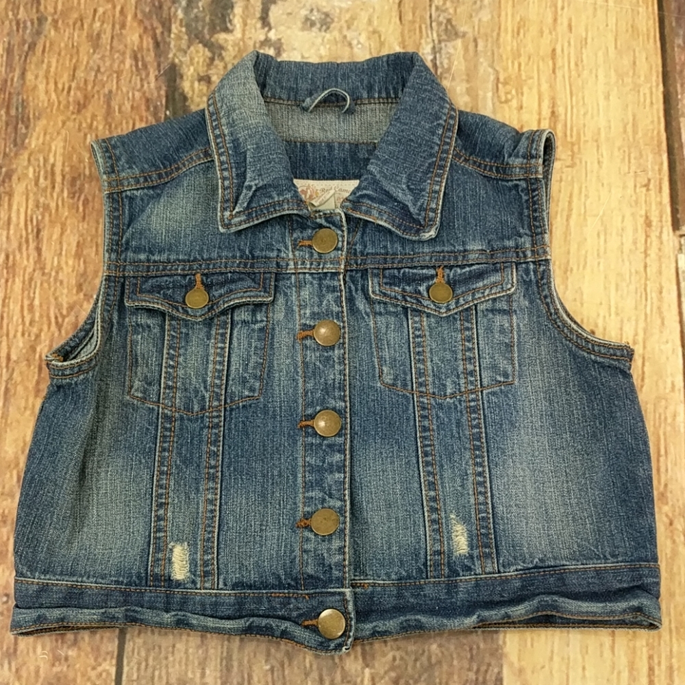 Red Camel Girls Distressed Trucker Biker Denim Blue Jean Vest Button Size Large